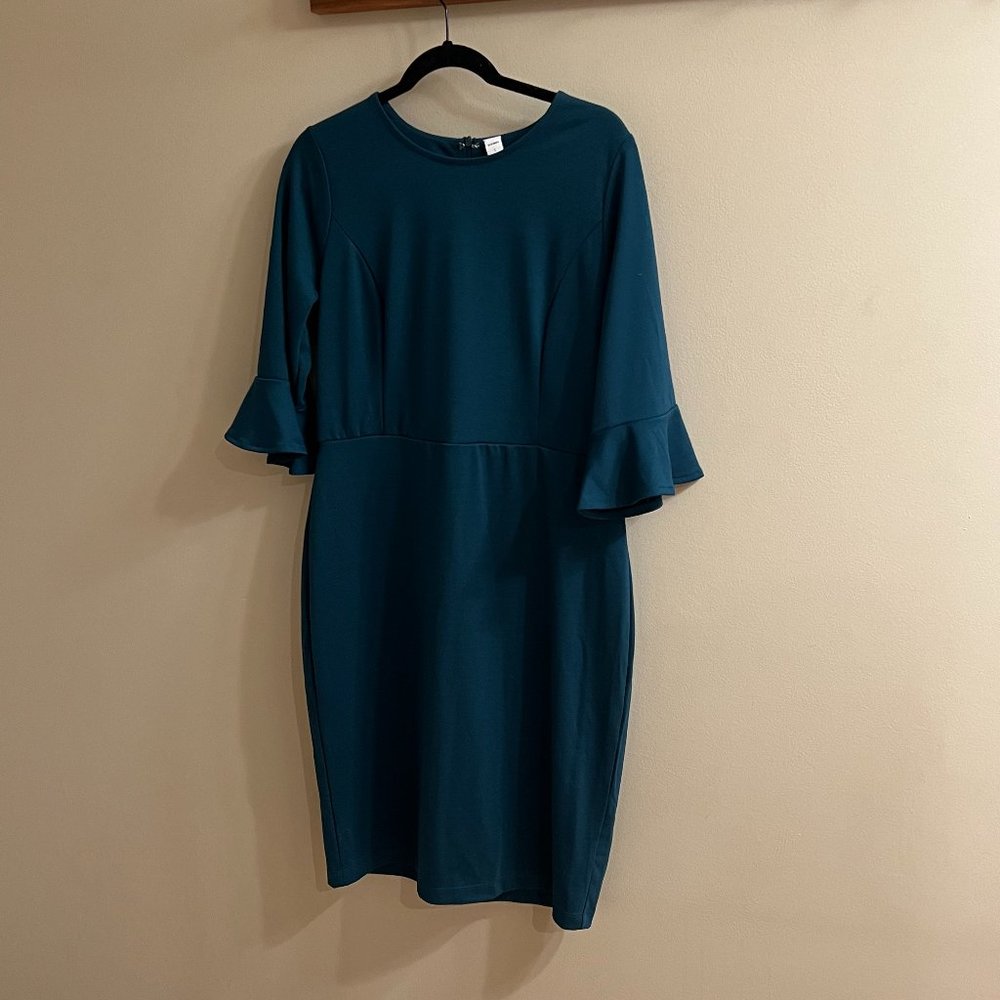 Longsleeve knit dress, new with tag, fitted waist, dark teal green, size L